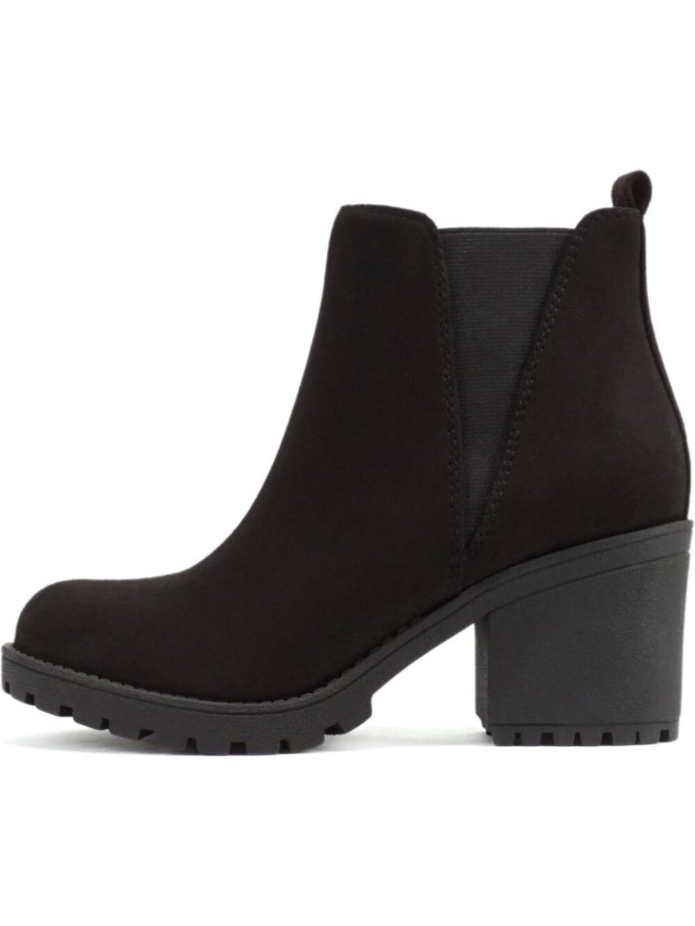 Women's Black Suede Origami Lug Sole Mid Heel Ankle Bootie Double Elastic Boot